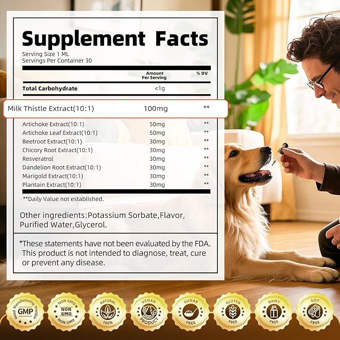 (2 Pack) Poppaw Milk Thistle for Dogs, 9-in-1 Liver &amp; Kidney Support Drops with Artichoke, Resveratrol, Marigold Extract, Natural Detox Herbal Supplement for Liver Function, Bacon Flavor, 2 Oz