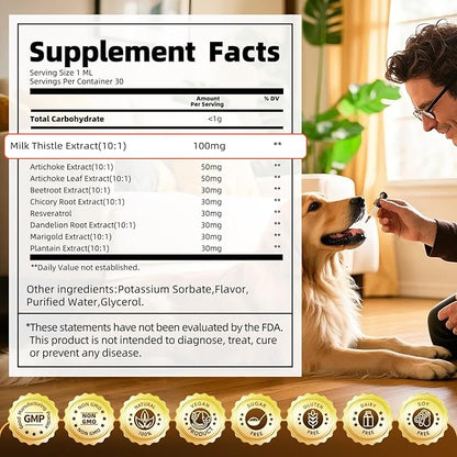 (2 Pack) Poppaw Milk Thistle for Dogs, 9-in-1 Liver &amp; Kidney Support Drops with Artichoke, Resveratrol, Marigold Extract, Natural Detox Herbal Supplement for Liver Function, Bacon Flavor, 2 Oz