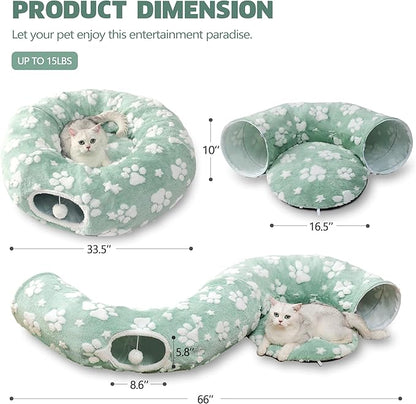 Cat Tunnel for Indoor Cats, Cute Peekaboo Cave with Dangling Balls, Pet Donut Tunnel Bed with Circle Mat for Puppy Kitten Rabbit, Green