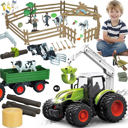 46Pcs Farm Toys, Tractor Toy w/Lights &amp; Sound, Farm Animals Toys for 3 4 5 6 7 8+ Year Old Toddler Girls Boys Kid, Figures Farmer Vehicle Truck Fence Farm Playset Educational Learning Toys