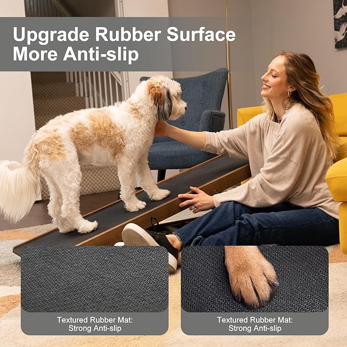 ABORON Folding Pet Ramp, 5-Level Adjustable Dog Ramp for Bed, Couch, SUV - High Traction Rubber Surface, Supports up to 200 lbs, 45.2" Long - Ideal for Small &amp; Large Dogs &amp; Cats,Brown Finish