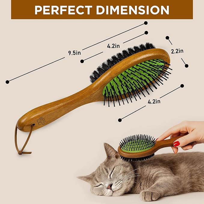 TAKAVU Pin &amp; Bristle Pet Brush for Dogs &amp; Cats - Double Sided Grooming Tool Detangles, Removes Loose Hair &amp; Conditions Coat - Wood Handle