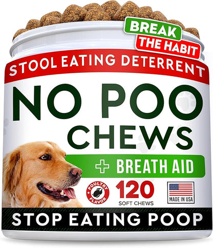 STRELLALAB No Poo Chews for Dogs - Coprophagia &amp; Stool Eating Deterrent with Probiotics, Digestive Enzymes &amp; Breath Aid Support - Stop Dog Poop Eating (120Ct, Poultry)