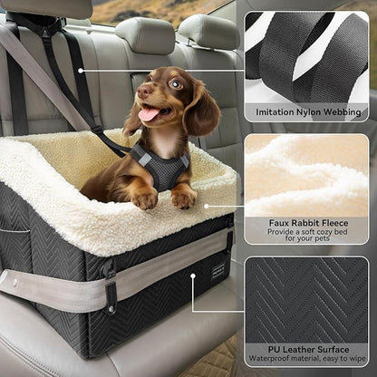 PETSFIT Small Dog Car Seat, Waterproof PU Leather Dog Booster Car Seat with Patented Safe Buckles, Detachable Dogs Seat Belt for Car, Dog Car Seat Medium Sized Dog up to 30 lbs (Black)