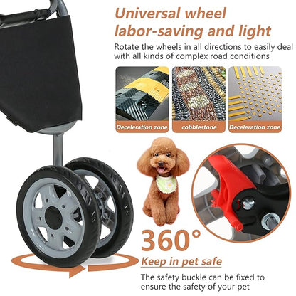 Travel Folding Pet Jogger for Small Medium Dog Cat - Folding Stroller with Storage Basket, Removable Cup Holders (Black, 3 Wheels)