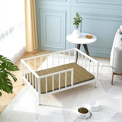 Dog Bed with Rails - Elevated Pet Metal Bed Frame with Solid Wood Board and Washable Soft Mat for Medium Dog Indoor or Outdoor Use, 25.2" x 37.8", White