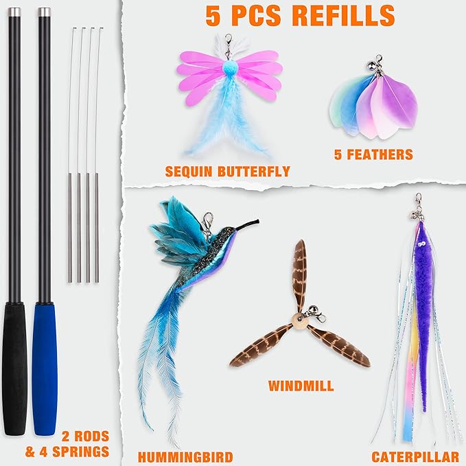 JXFUKAL 2025 Latest Cat Toys, 2 in 1 Spring Cat Wand Toy with 2PCS Ultra-Long Cat Teaser, 4PCS Spring Steel Wire &amp; 5PCS Feather Refills for Kitty Kitten Indoor Cats Accessories