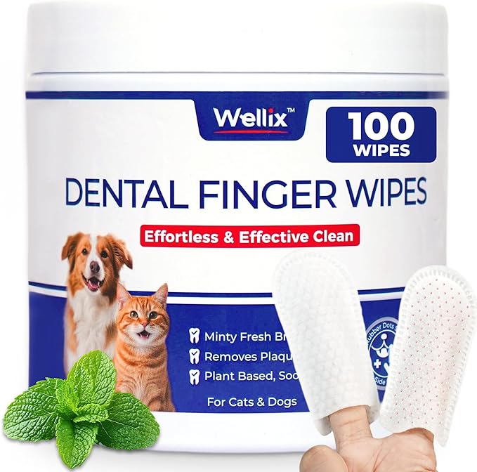 Wellix 100 Count Dog Teeth Cleaning Wipes for Dogs &amp; Cats - Natural Formula Dental Care Finger Wipes Reduces Dog Plaque, Tartar &amp; Bad Breath - No-Rinse Disposable Dog Dental Wipes