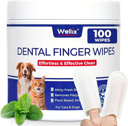 Wellix 100 Count Dog Teeth Cleaning Wipes for Dogs &amp; Cats - Natural Formula Dental Care Finger Wipes Reduces Dog Plaque, Tartar &amp; Bad Breath - No-Rinse Disposable Dog Dental Wipes