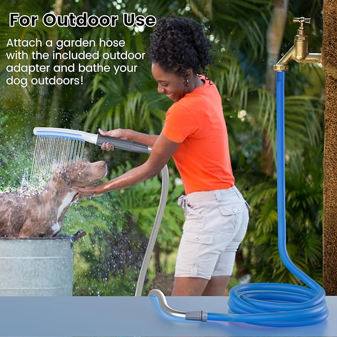 Dog Shower Attachment, Dog Washing Hose Attachment with Metal T-Diverter, Dog Bathing Supplies with 3 Spray Modes &amp; One-Button ON/OFF Indoor and Outdoor Sprayer 8-Foot Hose