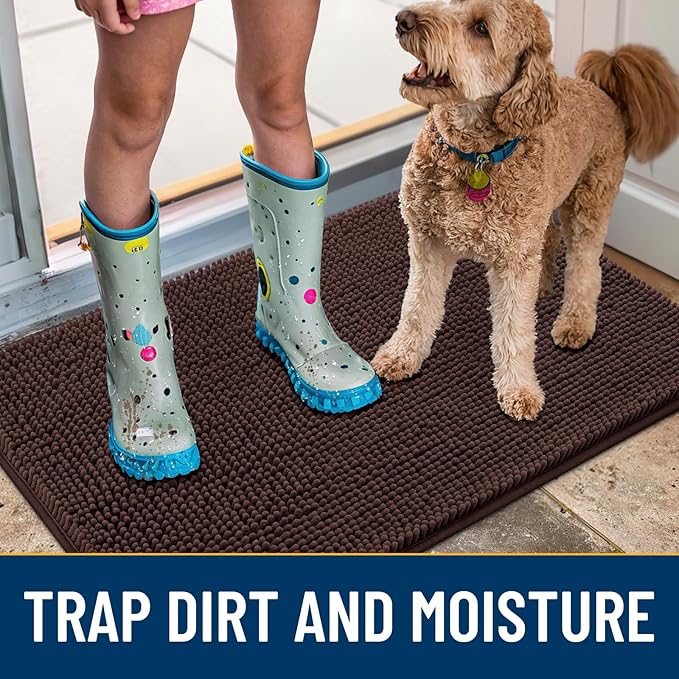 Smiry Dog Door Mat for Muddy Paws 24x16, Absorbs Moisture and Dirt Doormat, Non-Slip Washable Quick Dry Chenille Front Door Mat Indoor Entrance, Entryway Carpet for Inside Floor, Brown