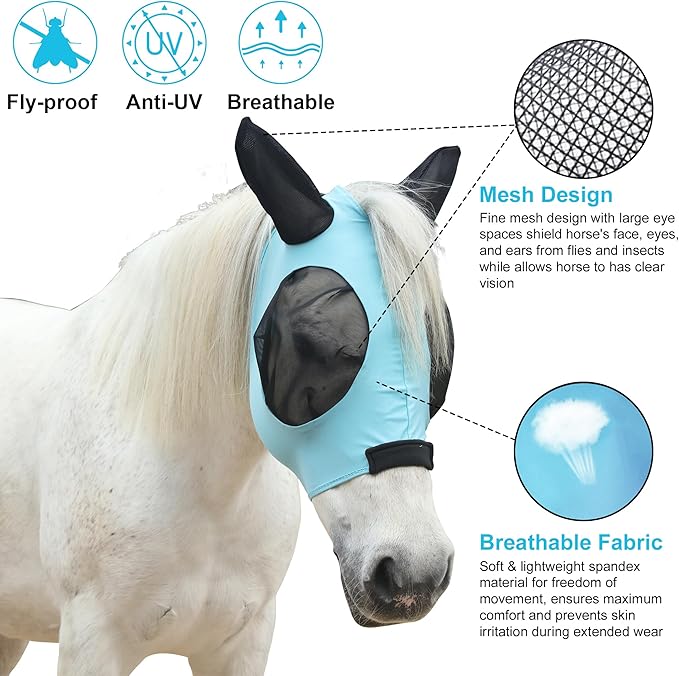 Stretchy Horse Fly Mask for Horses, Soft Lycra Equine Mesh Mask, Elasticity Horse Face Covering, Breathable&amp;UV Protection, Pacific Blue, Cob