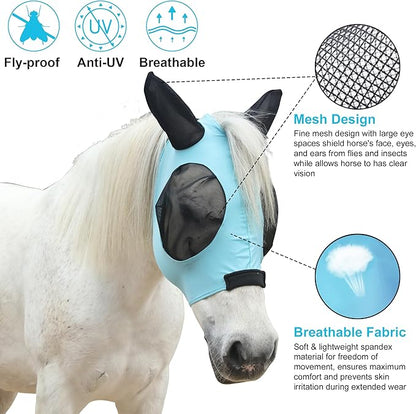 Stretchy Horse Fly Mask for Horses, Soft Lycra Equine Mesh Mask, Elasticity Horse Face Covering, Breathable&amp;UV Protection, Pacific Blue, Cob