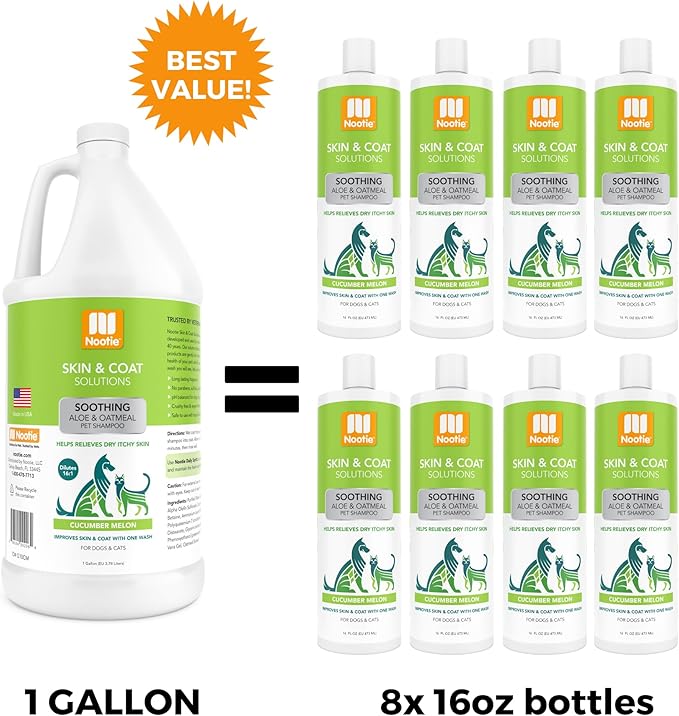 Nootie Aloe&amp;Oatmeal Pet Shampoo for Sensitive Skin-Long lasting Cucumber Melon Shampoo-Helps Relieve Dry Itchy Skin for Dogs&amp;Cat-Natural Ingredient-Soap Paraben&amp;Sulfate Free-Cleans Conditions-1 Gallon