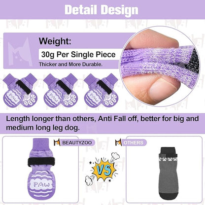 BEAUTYZOO Anti Slip Dog Socks for Small Medium Large Dogs with Grips Straps on Hardwood Floor Protection Wear, Traction Control 4 Pairs Double Side Paw Protector to Prevent Licking for Girl or Boy