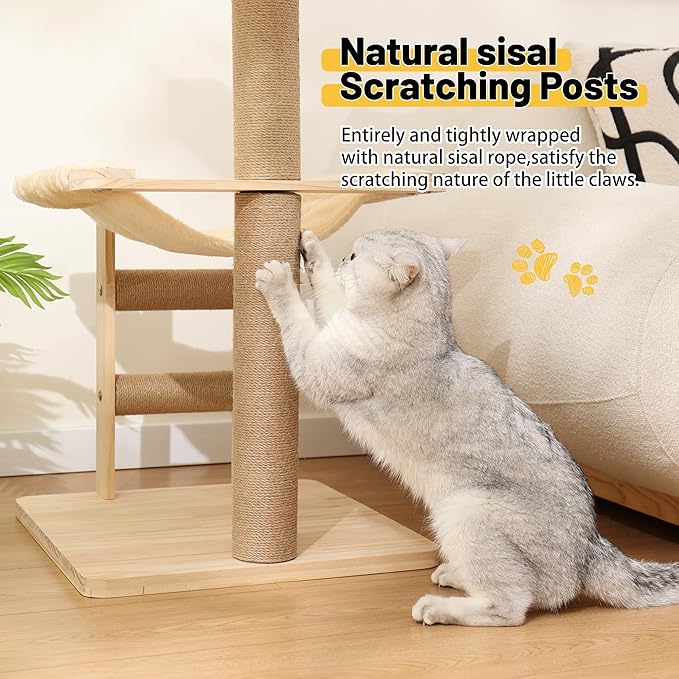KVIDA Extra-Sturdy Wooden Cat Tree for Large Cats – Modern 3-Level Tower with Hammock, Anti-Tip Sisal Posts &amp; Oversized Perch, Ideal for Indoor Big Cats &amp; Multi-Cat Homes
