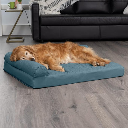 Furhaven Cooling Gel Dog Bed for Large Dogs w/ Removable Bolsters &amp; Washable Cover, For Dogs Up to 95 lbs - Pinsonic Quilted Paw L Shaped Chaise - Bluestone, Jumbo/XL