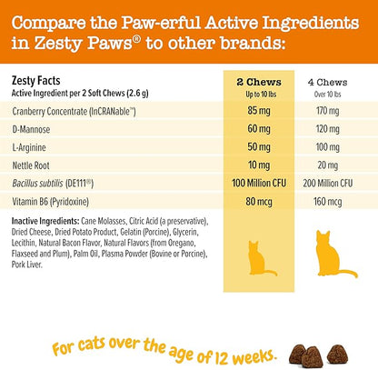 Zesty Paws Cranberry Urinary Tract Bites for Cats - Kidney &amp; Urinary Tract Health - Soft Chews with D-Mannose, Vitamin B6 &amp; L-Arginine - Immune &amp; Gut Support - Bacon - 60 Count