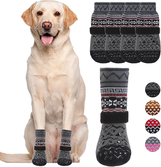 KOOLTAIL Dog Socks to Prevent Licking Paws for Hardwood Floors Anti Slip, Winter Warm Pet Boots&amp;Paw Protector with Grippers, Double Sides Dog Shoes Booties for Small Medium Large Senior Dogs Grey M