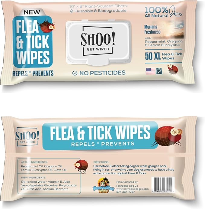 Shoo! Flea &amp; Tick Wipes for Dogs | Convenient, Easy On-The-Go Protection | Plant Based, Natural Oils, Chemical Free | Repels &amp; Prevents | 50 XL Wipes | (Morning Freshness)