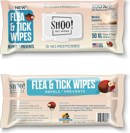 Shoo! Flea &amp; Tick Wipes for Dogs | Convenient, Easy On-The-Go Protection | Plant Based, Natural Oils, Chemical Free | Repels &amp; Prevents | 50 XL Wipes | (Morning Freshness)