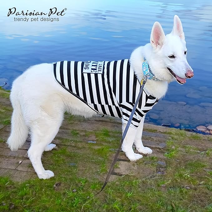 Parisian Pet XL Dog Shirt - Lightweight, Sleeved Black &amp; White Stripes for Large Dogs - 100% Cotton &amp; Polyester - Prisoner Dog Costume