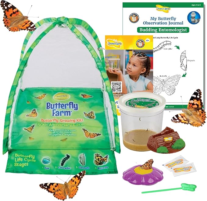 Insect Lore Butterfly Farm - Live Cup of 5 Caterpillars, Reusable Habitat, STEM Butterfly Activity Journal &amp; Supplies - Grow, Observe and Release Painted Lady Butterflies