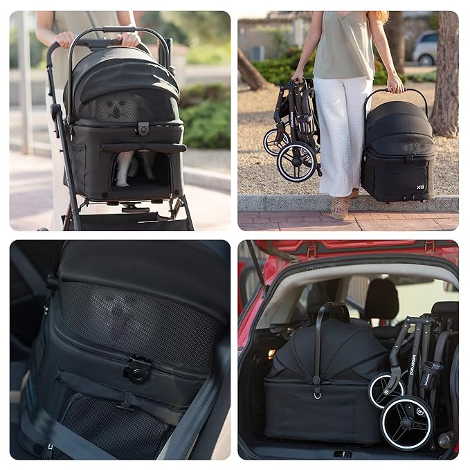 X3 2 in 1 Pet Stroller for Medium or Two Small Dogs &amp; Cats 4 Wheels Lightweight Foldable Carrier Dog Stroller with Waterproof Weather Cover Cup Holder,Storage Basket(Black)