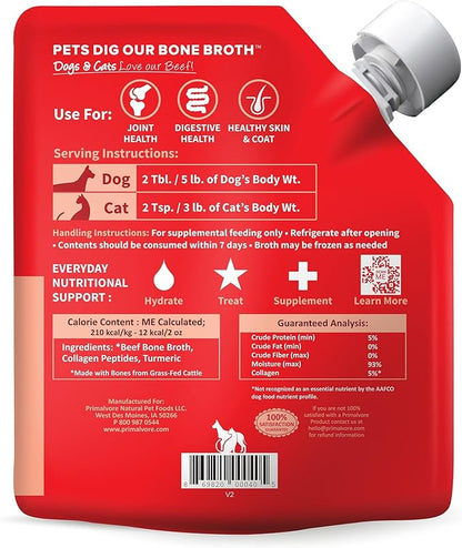 Primalvore Grass-Fed Beef Bone Broth for Dogs &amp;Cats, Mobility Formula w/Collagen Peptides to Help Support Hip &amp; Joints, Digestion, Skin &amp; Coat and Hydration, Human Grade, Made in USA. Beef 2 Pack