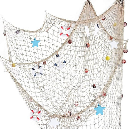 Nature Fish Net Wall Decoration with Shells, Ocean Themed Wall Hangings Fishing Net Party Decor for Pirate Party,Wedding,Photographing Decoration (2pack-Beige/Beige)
