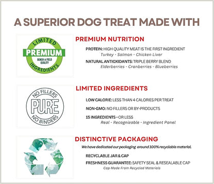 Bench &amp; Field Holistic Natural Salmon &amp; Triple Berry Dog Treats | Crunchy Bone-Shaped Bites | Antioxidant Blend, 10-Ounce Bottle