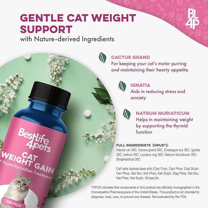 Cat Weight Gain &amp; Hyperthyroidism Treatment, Safe and Effective Cat Appetite Stimulant, Thyroid and Metabolic Support, Weight Management Remedy, 400 All-Natural Odorless, Tasteless Pills