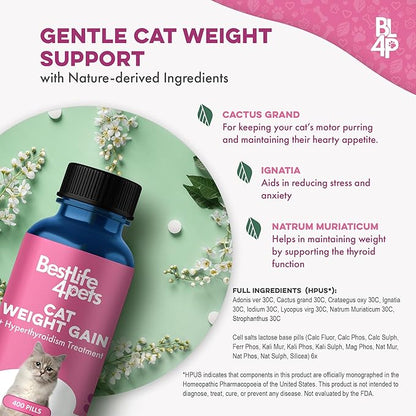 Cat Weight Gain &amp; Hyperthyroidism Treatment, Safe and Effective Cat Appetite Stimulant, Thyroid and Metabolic Support, Weight Management Remedy, 400 All-Natural Odorless, Tasteless Pills