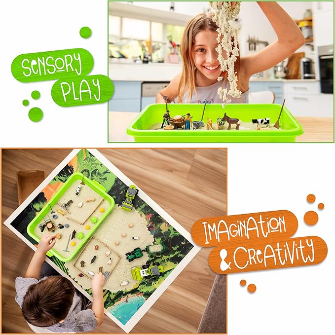 59 PCS Farm Sensory Bin Sandbox with Lid, 2.2 LB Sensory Sand, 40 Toddler Farm Toys, 3 Take Apart Construction Trucks -Sensory Toys for Kids 5-7, 3-4 &amp; Up- Kids Gifts for Boys and Girls