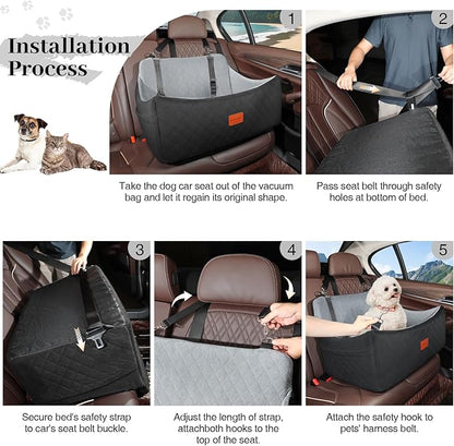 Dog Car Seat for Medium &amp; Large Dogs Up to 55lbs, Memory Foam Cushion, Washable Cover, Safety Straps &amp; Non-Slip Base(Black/Grey,Large)
