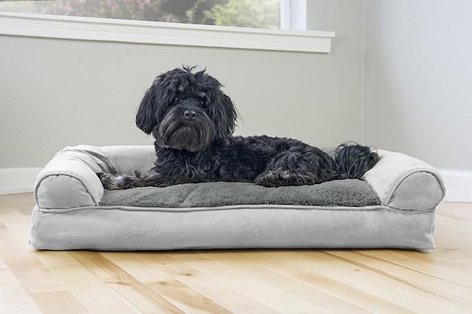 Furhaven Pillow Dog Bed for Medium/Small Dogs w/ Removable Bolsters &amp; Washable Cover - Plush &amp; Suede Sofa - Gray, Medium