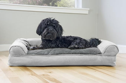 Furhaven Pillow Dog Bed for Medium/Small Dogs w/ Removable Bolsters &amp; Washable Cover - Plush &amp; Suede Sofa - Gray, Medium