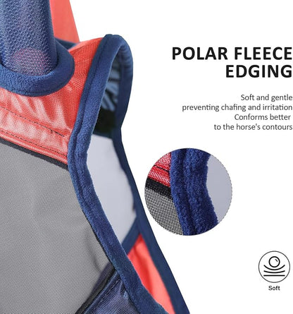 Harrison Howard Pro Luminous Horse Fly Mask Large Eye Space Half Face with Ears UV Protection for Horse Coral Orange/Navy L