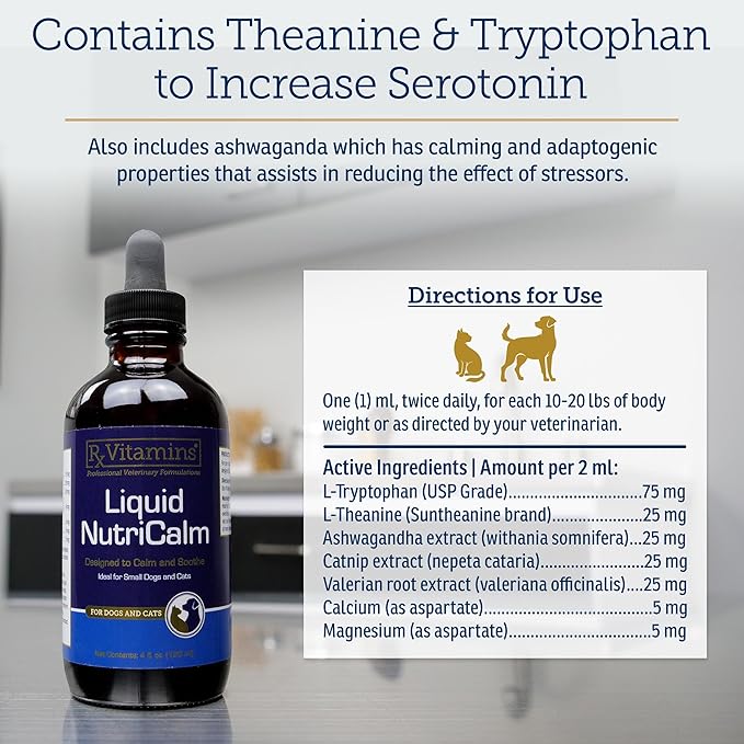 Rx Vitamins Liquid NutriCalm Cat &amp; Small Dog Anxiety Relief - Sleep Aid - Calming Supplement - Dog Bark Control &amp; Stress Relief - Salmon Flavor - 4 oz