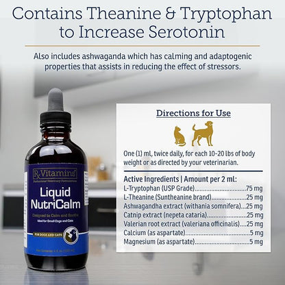 Rx Vitamins Liquid NutriCalm Cat &amp; Small Dog Anxiety Relief - Sleep Aid - Calming Supplement - Dog Bark Control &amp; Stress Relief - Salmon Flavor - 4 oz