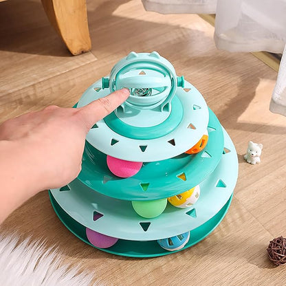 Vealind Cat Toy Roller 4-Level Turntable Cat Toys Balls with Colorful Pom Pom Balls Interactive Fun Mental Physical Exercise Puzzle Kitten Toys (Green)