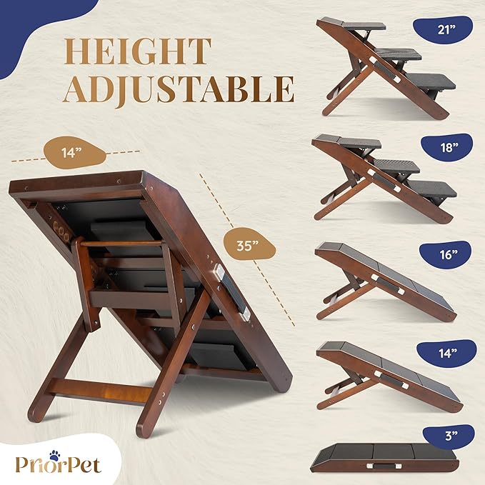 Dog Steps for Bed &amp; Couch 2-in-1 Dog Stairs/Ramp - Height Adjustable Dog Ramp for Couch 7” - 20” - Pet Stairs, Dog Stairs for Small Dogs - Easy to Move Pet Steps with Landing Platform, Walnut