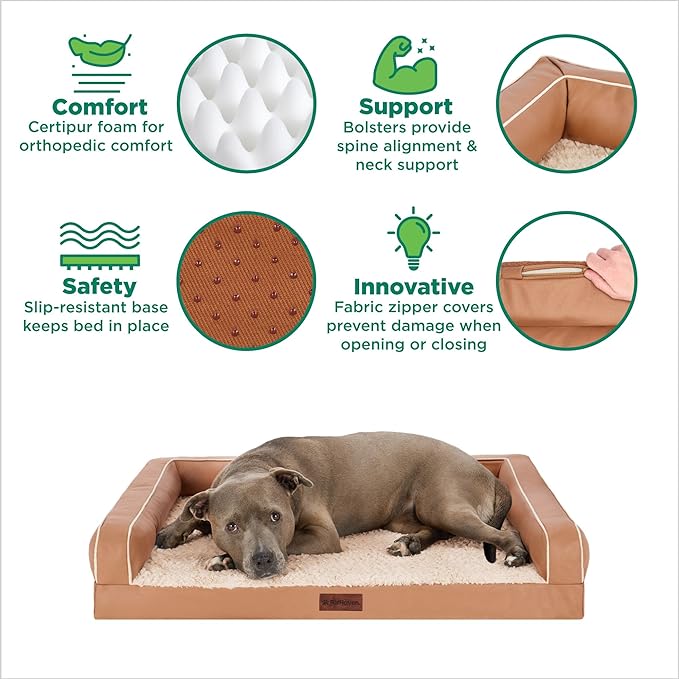 FurHaven Orthopedic Dog Sofa Bed – Memory Foam Couch with Bolsters, Textured Plush &amp; Water-Resistant Cover, Washable Cover, Joint Support - Camel, Jumbo Plus
