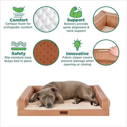 FurHaven Orthopedic Dog Sofa Bed – Memory Foam Couch with Bolsters, Textured Plush &amp; Water-Resistant Cover, Washable Cover, Joint Support - Camel, Jumbo Plus