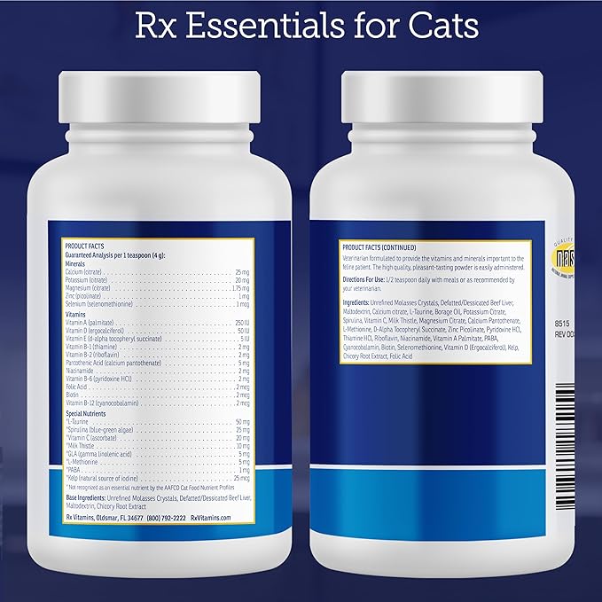 Rx Vitamins Essentials for Cats - Daily Immune Support and Overall Health - Featuring Taurine, Vitamin B12, &amp; Milk Thistle - Cat Multivitamin and Multimineral Powder with Spirulina and Vitamin B - 4oz
