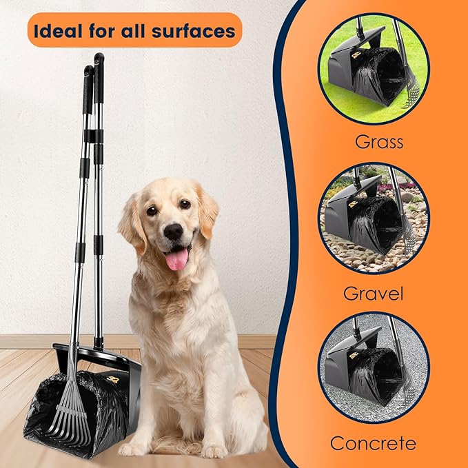 Pooper Scooper for Large Dogs Heavy Duty Swivel Bin &amp; Rake with 20 Waste Bag for Large Medium Small Dogs, Easy to Clean Pet Waste Use on Grass, Dirt, Gravel or Flats