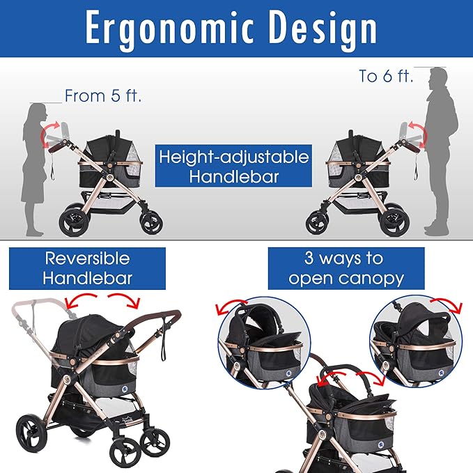 HPZ Pet Rover Prime 3-in-1 Luxury Dog/Cat Stroller (Travel Carrier + Car Seat +Stroller) with Detach Carrier/Pump-Free Rubber Tires/Aluminum Frame/Reversible Handle for Medium &amp; Small Pets (BLACK)
