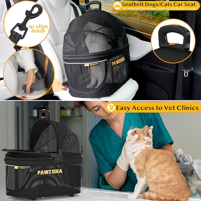 PAWZIDEA Double Pet Stroller with 2 Detachable Carriers, Portable Dog Crate for Car Travel &amp; TSA-Approved Expandable Cat Carrier, Foldable Lightweight Jogger Stroller for 2–4 Cats or Small/Medium Dogs