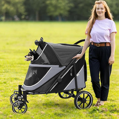 Dog Stroller for Medium/Large Dogs One-Click Folding, Extra Large Pet Stroller for 2 Dogs with Storage Pocket &amp; Shock Absorption, Up to 130 lbs, Grey