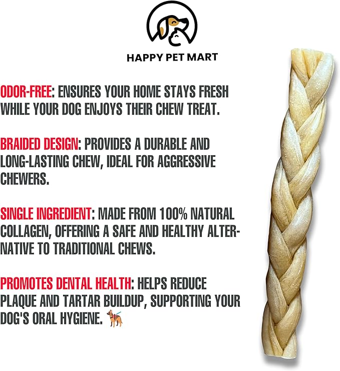 Odor-Free Super Braided Collagen Dog Chews (10-Inch). - Long-Lasting Bully Stick &amp; Rawhide Alternative, Single Ingredient Chew Treat for Aggressive Chewers (Pack of 10)